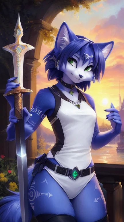 (Foxgirl), standing in combat readiness, holding a (long stick), on a (forest) battlefield, (benbo forest), dynamic pose, vibrant colors, magical atmosphere.