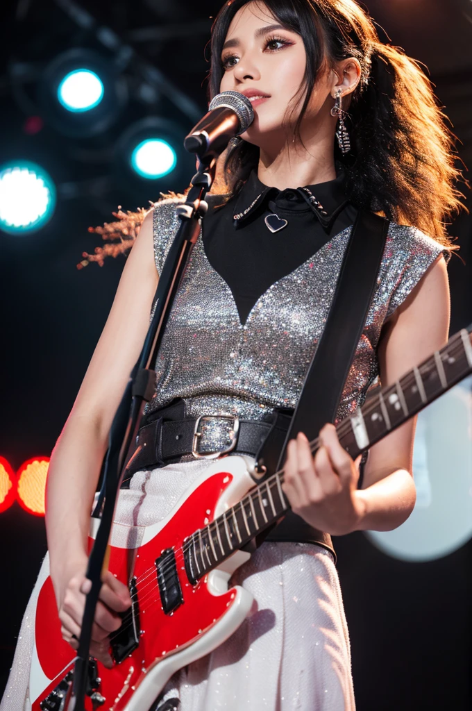 Ultra-realistic capture, Highly detailed, High resolution 16k close-up of human skin. Skin texture must be natural, With such detail that pores can be finely identified. Skin should look healthy, In a uniform tone. Use natural light and color, goth punk clothes, Alternative Fashion:1, beautiful girl, play the electric guitar, live music club, bokeh, full body, Full Body Shot