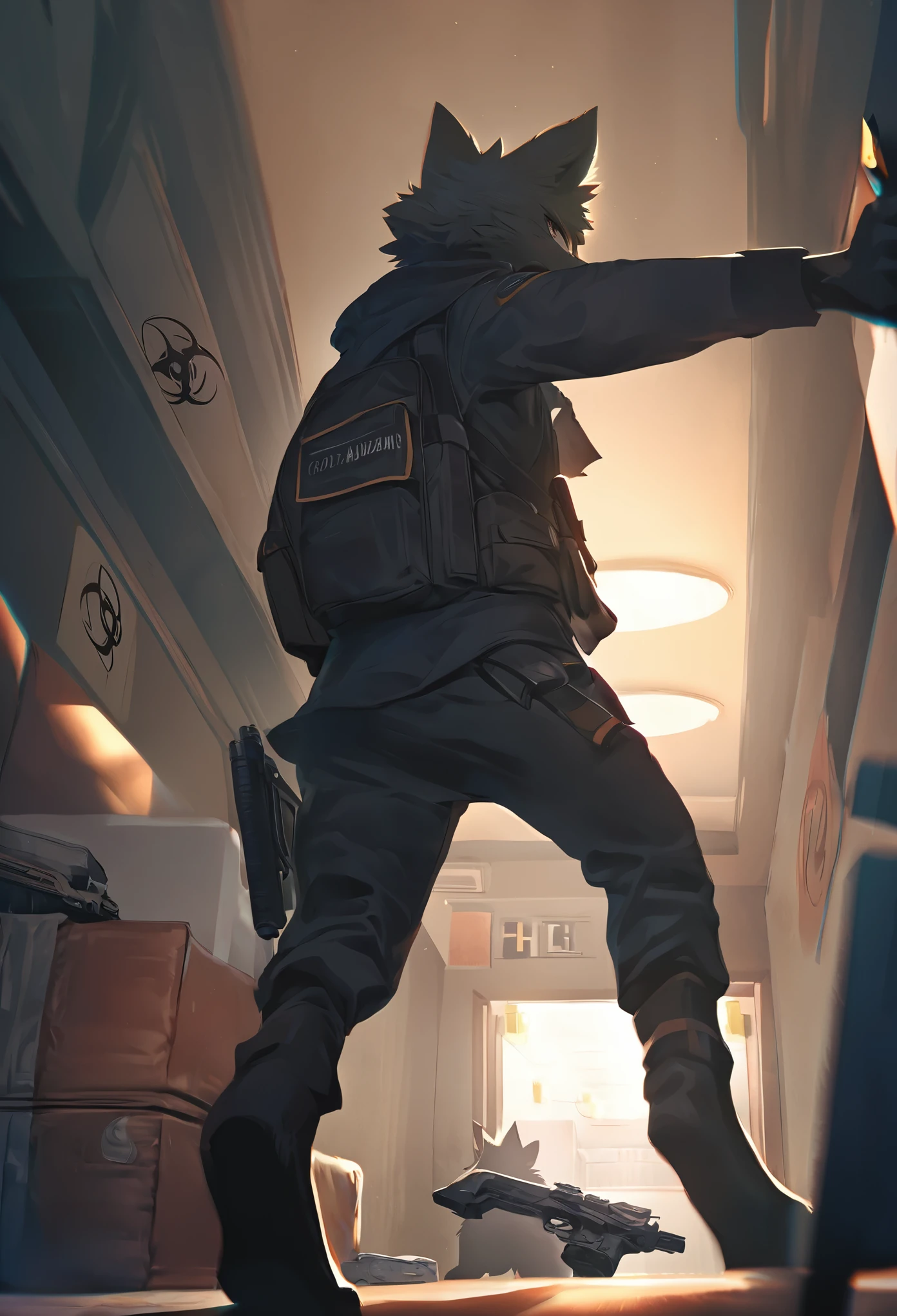 dynamic angle, top quality, best quality, High-quality illustrations, masterpiece, super high resolution, detailed background, detailed background, biohazard, Dim hotel hallway, gun fight, game package, absurdres(highly detailed beautiful face and eyes)perfect anatomy, expression, good lighting, cinematic shadow(kemono, furry anthro),