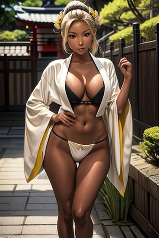 (Japan garden background), (smirk), 1girl, geisha, dark skin asian, tan skin asian, brown skin asian, brown skin, dark skin, tan skin, bleach blonde hair, pale yellow hair, geisha hairstyle, green eyes, hourglass figure, skinny body, petite_body, short height, small breasts, cleavage, traditional kimono, exposed cleavage, black heels,