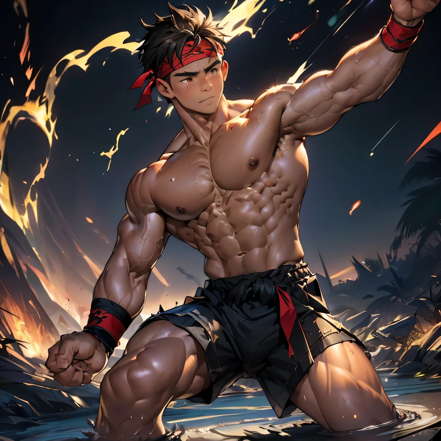 (Masterpiece, Best quality 19 year old boy, black background, looking away), solo, Young, boy, muscler, Shirtless, topless, (Dark Short straight hair, under cut, brown eyes), (red headband, ((black wristband))), Vivid colors, (hot Abs:1.2, abs!, big abs, big breast:1.2, chest!, muscler upper arms), (topless male), muscler!, muscler body, detailed face, detailed muscle, serious, (((A magical mystical aura power:1.4, rippling muscles, martial arts poses)))