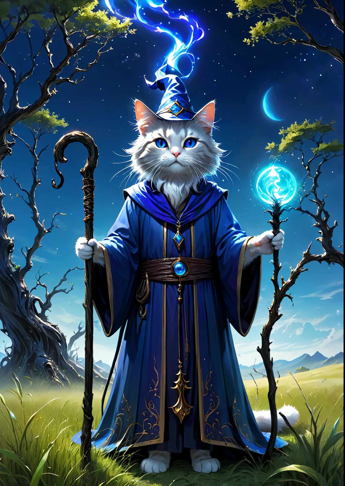 Cat Wizard、has a cane、Emits blue light、Dead tree in the grassland、Complex colors, Art Me、Actual photo、High definition、Detailed、whole body