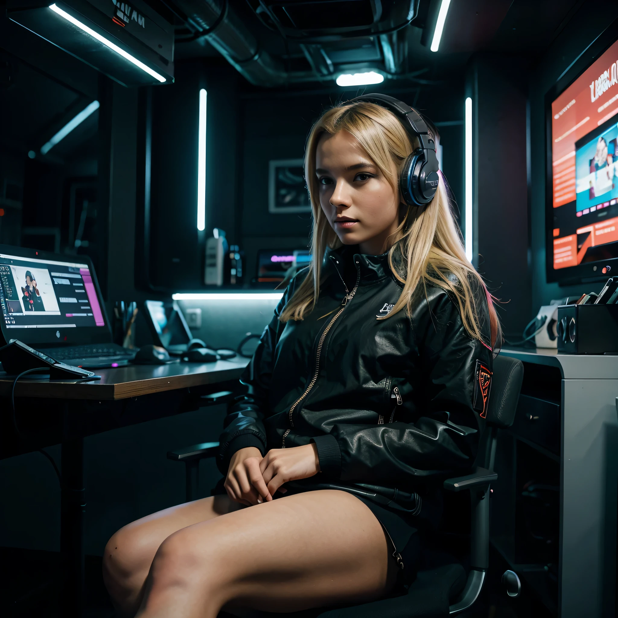 Blonde girl in cyberpunk style, sitting at the computer of the future with headphones and looking at the camera. In black sportswear. High detail. Room with neon lights. Sits with his legs crossed.