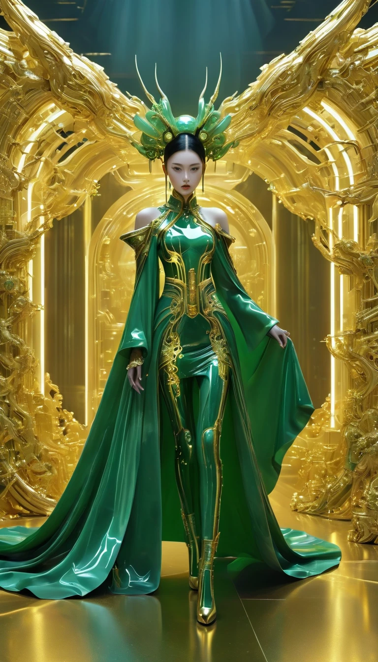 A fashion runway for alien technology , Exquisite面容，vogue photography , Inspired by Chinese Xianxia and cyberpunk。(Best quality,4K,8K,A high resolution,Masterpiece:1.2), (Realistic,Photorealistic,photo-realistic:1.37).Gold inlaid jade style，Shiny，Exquisite，Hell Girl