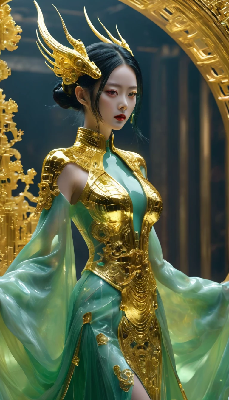 A fashion runway for alien technology , Exquisite面容，vogue photography , Inspired by Chinese Xianxia and cyberpunk。(Best quality,4K,8K,A high resolution,Masterpiece:1.2), (Realistic,Photorealistic,photo-realistic:1.37).Gold inlaid jade style，Shiny，Exquisite，Hell Girl