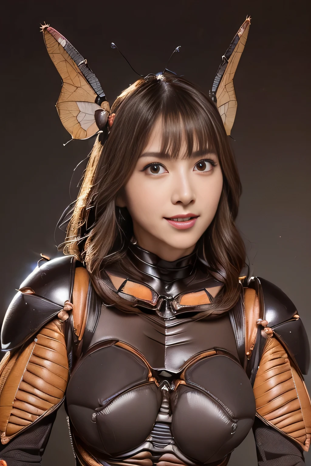 (high resolution,masterpiece,best quality,extremely detailed CG, anime, official art:1.4), realistic, photo, amazing fine details, all intricate, gloss and shiny,awesome many layers, 8k wall paper, 3d, sketch, kawaii, illustration,( solo:1.4), perfect female proportion,villainess, (fusion of dark brown cockroach and lady:1.4), (brown cockroach form lady:1.2), (brown cockroach lady:1.2), (fusion:1.2), (solo:1.4), (evil smile:1.2), muscular, abs, (cockroach brown exoskeleton bio insect suit:1.4), (cockroach brown exoskeleton bio insect armor:1.2), (brown transparency cockroach wing:1.4), (brown cockroach antennae:1.3),