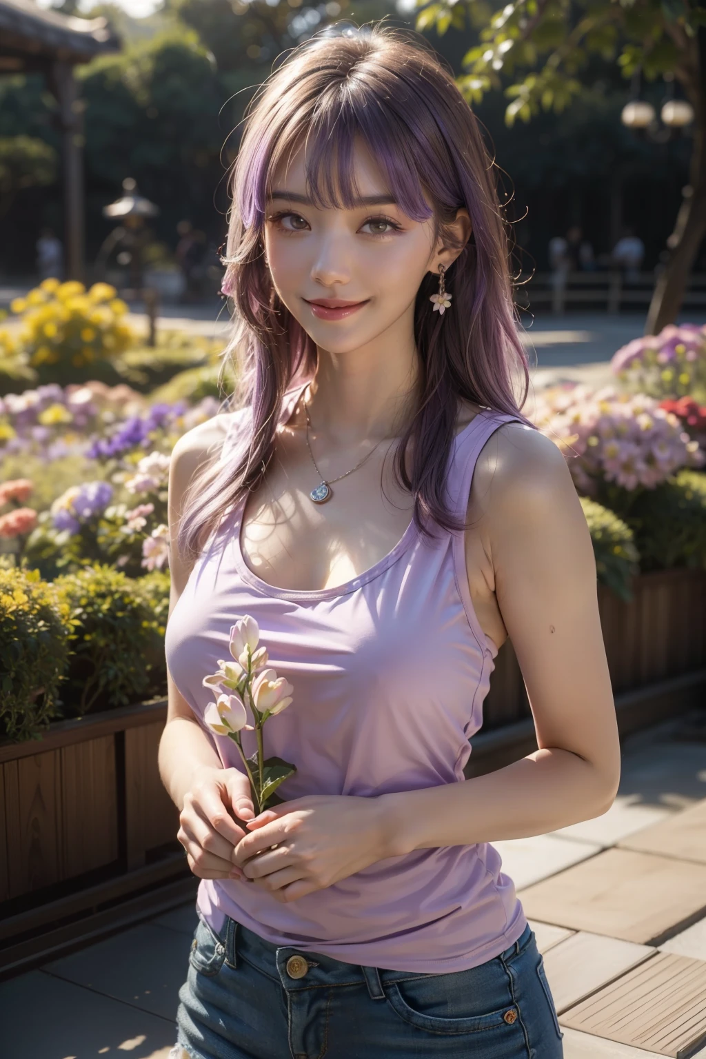 (HighestQuality, 8K,32k,masterpiece, UHD:1.2),Highly detailed CG Unity 8K wallpaper,intricate details,Raw photo,(realistic:1.4),atmosphere,ultra high resolution,genuineistic,genuine,Huge_file size,incredibly absurd,(in the center:1.3),ultra illustration,(Super detailed),dramatic lighting,different colors,written boundary depth,art：Krenz Kushart,golden hour lighting,Photographed with Canon EOS,SIGMA art lens 35mm F1.4,ISO200 Shutter speed 2000,blurred background,
break,
1 girl,(smile:1.4),because I&#39;thin,(Straight long hair with see-through bangs,:1.4),alone,18 year old Japanese beauty, (hibiscus garden,white tank top,full wide open chest, bare shoulders:1.5),(light purple hair:1.5),((brown eyes)),largechest,chest, Soft white skin that shines in every detail,pale skin,very beautiful face,very well-shaped face,natural and realistic face,Highest,fine and beautiful eyes,impressive, Big eyes,fine eyes, smile, smile with your mouth closed, detailed mouth,lip details,glossy beautiful lips,glossy lips,simple earrings,necklace,jewelry, alone focus,low neckline,
break,
light from the front,nice,Are standing,sensual expression,sunshine, break,
(Dutchangle:1.4),looking at the viewer,
break,Tzuyu,Yui Aragaki,