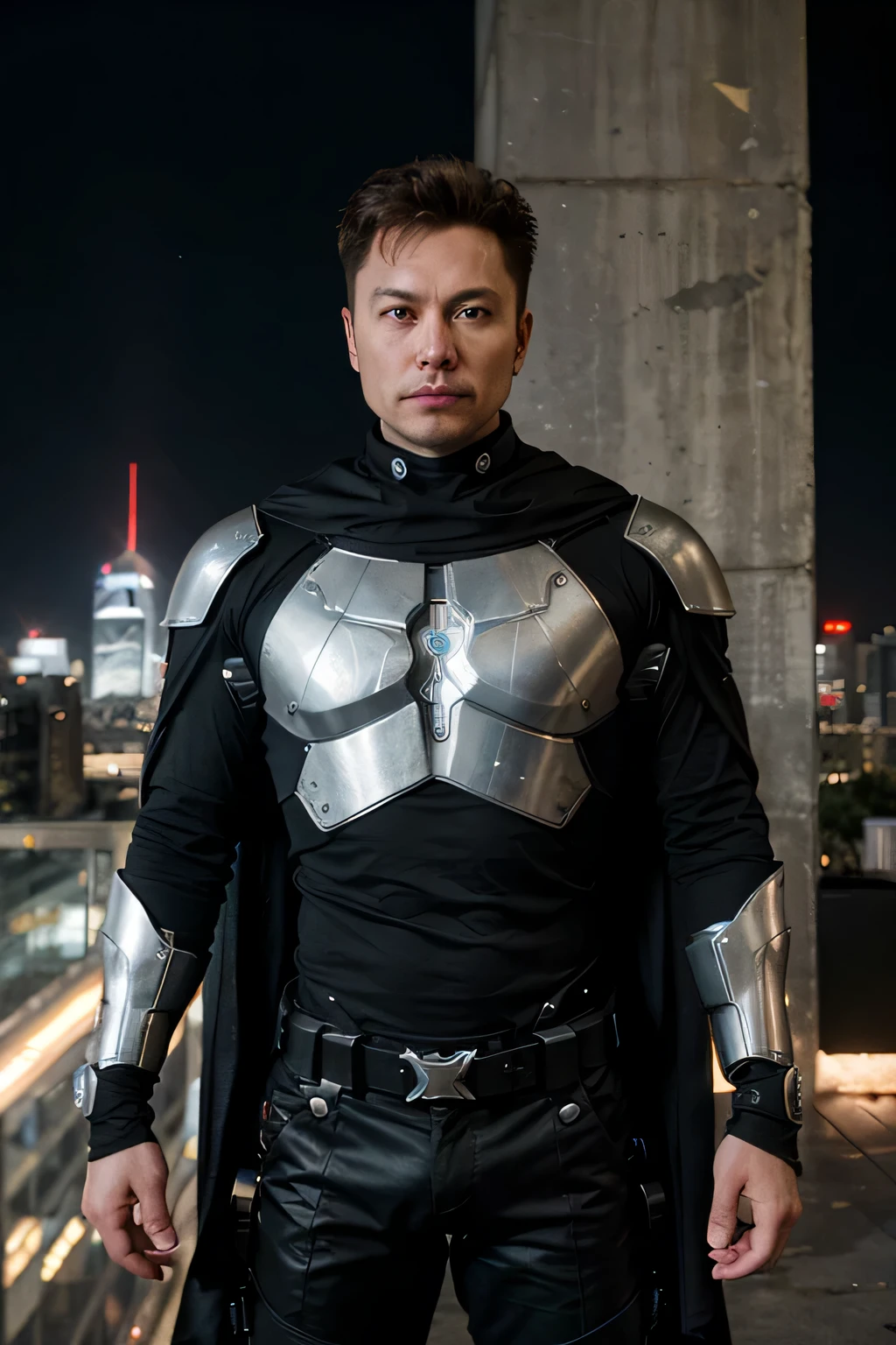 The hero "X-Force" is a fearless and visionary man, inspired by the real-life innovator Elon Musk at 52 years old. In a world where technology and humanity collide, X-Force emerges as a cyberpunk icon, blending advanced technological abilities with a rebellious spirit. Clad in a cutting-edge technological armor reminiscent of a futuristic knight, he combines the strength of steel with the brilliance of innovation. The armor, adorned with the stylized symbol "X" on the chest, exudes power and protection, symbolizing his role as a guardian of progress in a dystopian landscape. A flowing cape billows behind him, adding a touch of superhero flair to his cybernetic warrior persona. With unwavering determination, X-Force fearlessly navigates the digital realm, using his technological prowess to shape a better and safer future for all in a world where technology reigns supreme.