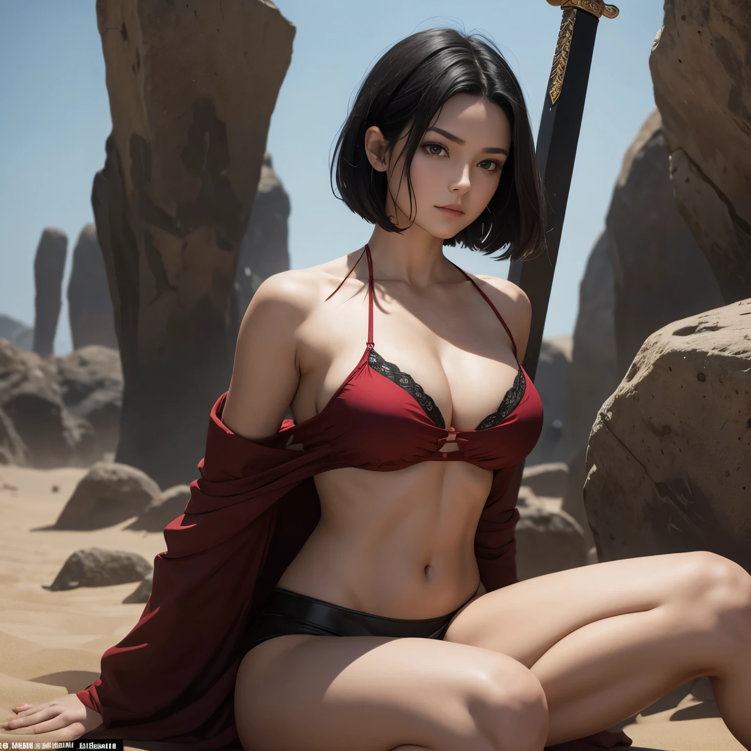 A beautiful woman with short black hair which stopped at her shoulders, her pale red eyes and muscular body beautifully swinge her sword, her feet burning from the sand 