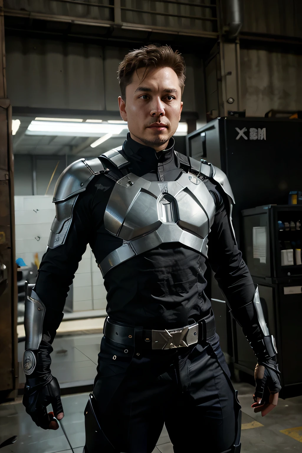 The hero "X-Force" is a fearless and visionary man, inspired by the real-life innovator Elon Musk at 52 years old. In a world where technology and humanity collide, X-Force emerges as a cyberpunk icon, blending advanced technological abilities with a rebellious spirit. Clad in a cutting-edge technological armor reminiscent of a futuristic knight, he combines the strength of steel with the brilliance of innovation. The armor, adorned with the stylized symbol "X" on the chest, exudes power and protection, symbolizing his role as a guardian of progress in a dystopian landscape. A flowing cape billows behind him, adding a touch of superhero flair to his cybernetic warrior persona. With unwavering determination, X-Force fearlessly navigates the digital realm, using his technological prowess to shape a better and safer future for all in a world where technology reigns supreme.