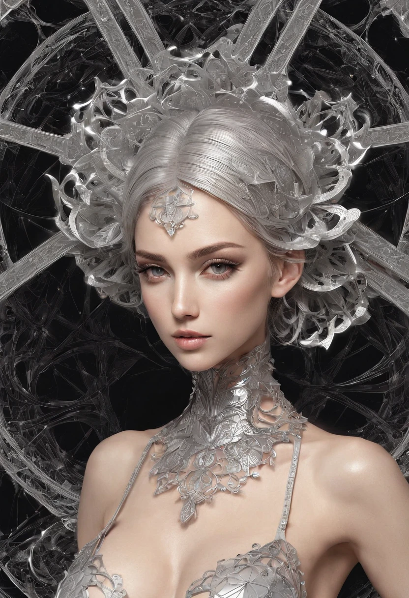 Fractal theme, mock up, female，bust , Huge cleavage breasts, Artistic stereoscopic measurement, math, art fantasy, art flower of life sacred geometry, Sparks and surges, sticker, Vector t-shirt art design, Prepare for printing, White background, Energetic, Thin outline lines of absolute black, detailed, sticker