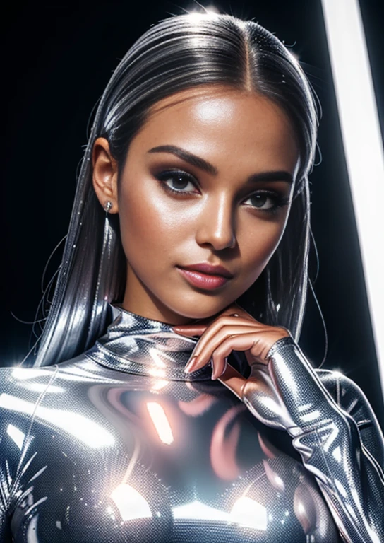 Beautiful woman in ultra shiny silver clothes, full body view, Schminke, (glossy lips: 1.4), he-res, 8K