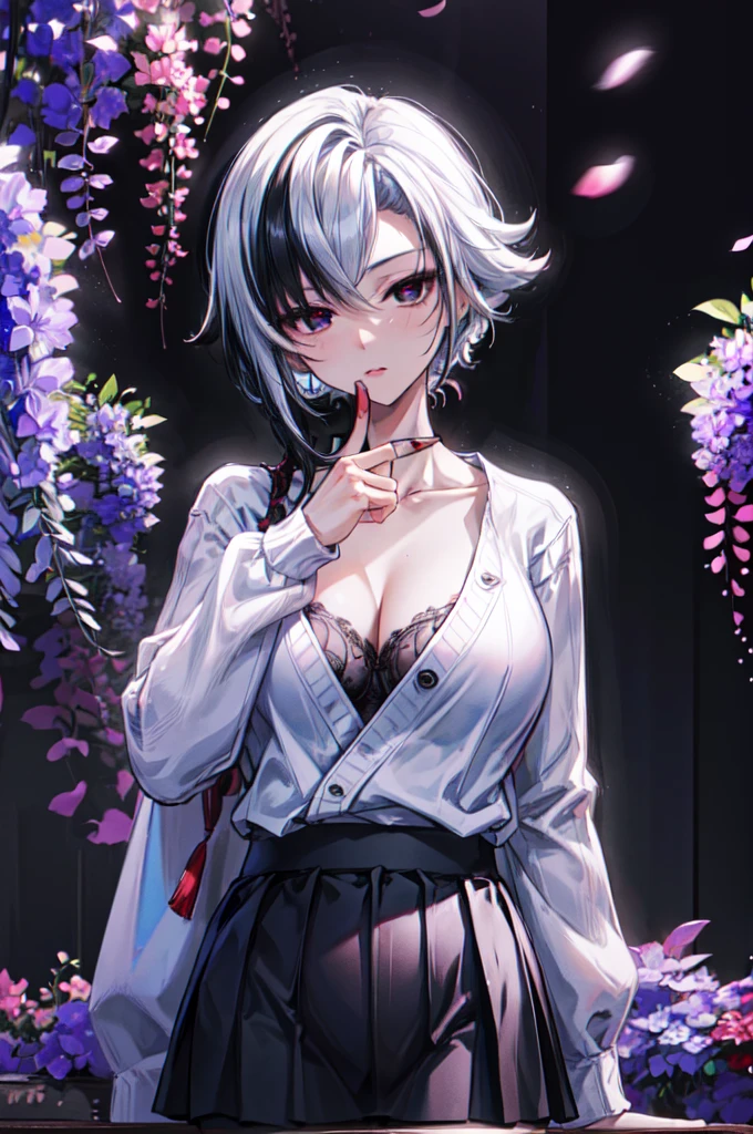 masterpiece, Best quality,girl, One, White hair, black hair, multicolored hair, X-shaped pupils, black eyes, One, Cherry blossoms, by the Khans, pink flower, white flower, spring season, wisteria, petals, flower, plum blossom, on open air, falling petals, (big breasts),thick thighs, ,Smaller clothes,((White sweater,black leggings, black pleated skirt with red accent)),commercial photography,at night, world, High detail, sharp focus, (photorealism), realistic, Best quality, 8K, Award Winning, Dramatic lighting, Epic, cinematic, masterpiece, rim light, ambient fog:1.3, Dutch corner, depth of field,8K uhd, high quality, Blur, blur depth, cinematic, 4K cinematic image, (Unlit face:1.4), (Unlit:1.3), (upper body shot:1.1), (Very dark:1.1, underexposed:1.1),(hand, pointing to lips:1.5),commercial,at night, world, High detail, sharp focus, (photorealism), realistic, Best quality, 8K, Award Winning, Dramatic lighting, Epic, cinematic, masterpiece, rim light, ambient fog:1.3, Dutch corner, depth of field,8K uhd, high quality, Blur, blur depth, cinematic, 4K cinematic image,(Moving away from the viewer), I look at the viewer,