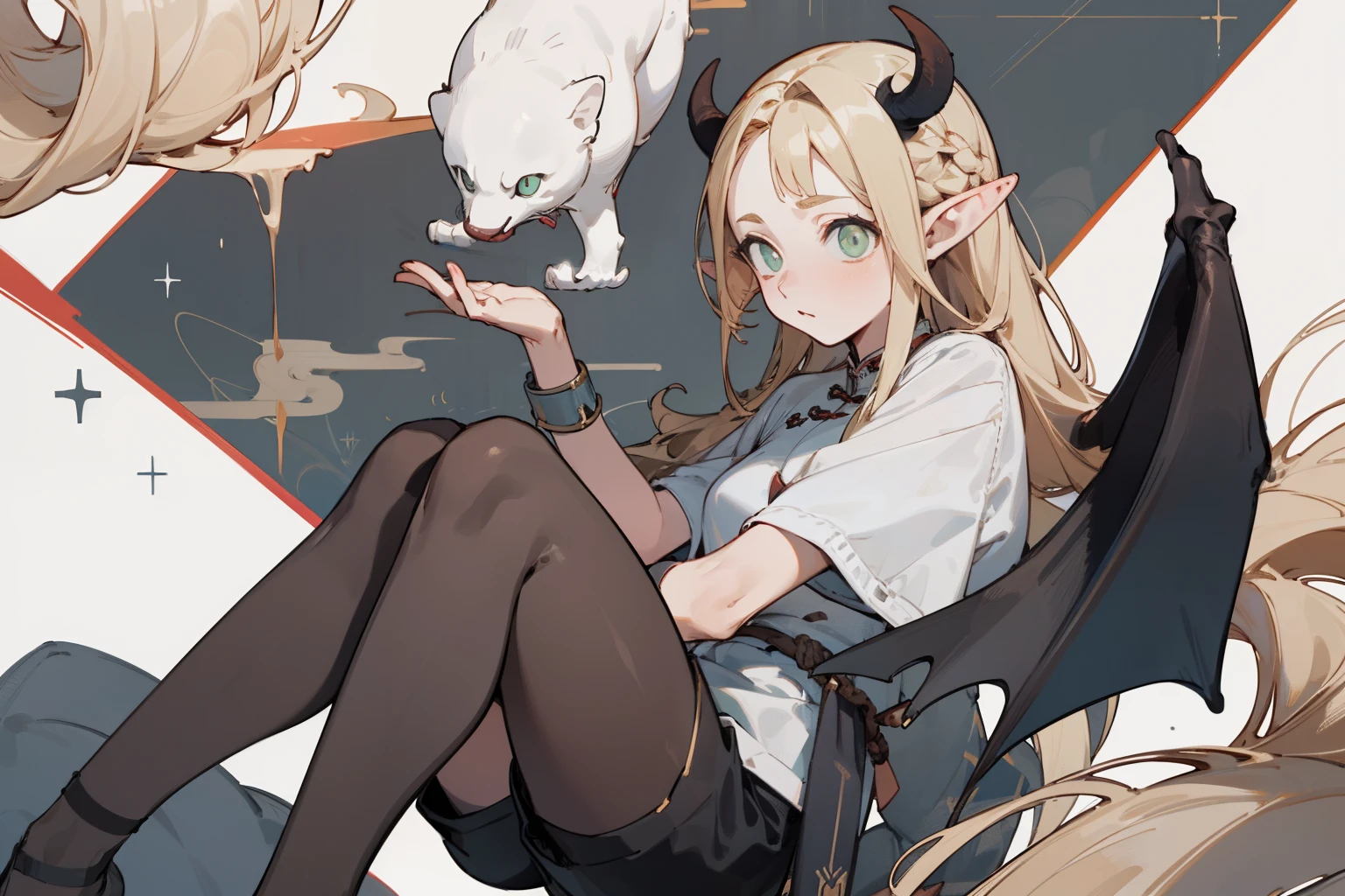(masterpiece, best quality) detailed, Wearing black tights, silver accessories , Blonde ,elegant, Pointed ears ，Chinese element pattern，thigh，漏出thigh，White shirt，shorts，Succubus