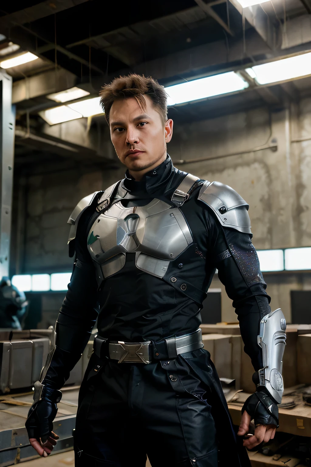 The hero "X-Force" is a fearless and visionary man, inspired by the real-life innovator Elon Musk at 52 years old. In a world where technology and humanity collide, X-Force emerges as a cyberpunk icon, blending advanced technological abilities with a rebellious spirit. Clad in a cutting-edge technological armor reminiscent of a futuristic knight, he combines the strength of steel with the brilliance of innovation. The armor, adorned with the stylized symbol "X" on the chest, exudes power and protection, symbolizing his role as a guardian of progress in a dystopian landscape. A flowing cape billows behind him, adding a touch of superhero flair to his cybernetic warrior persona. With unwavering determination, X-Force fearlessly navigates the digital realm, using his technological prowess to shape a better and safer future for all in a world where technology reigns supreme. armadura reluzente, futuristic scenery