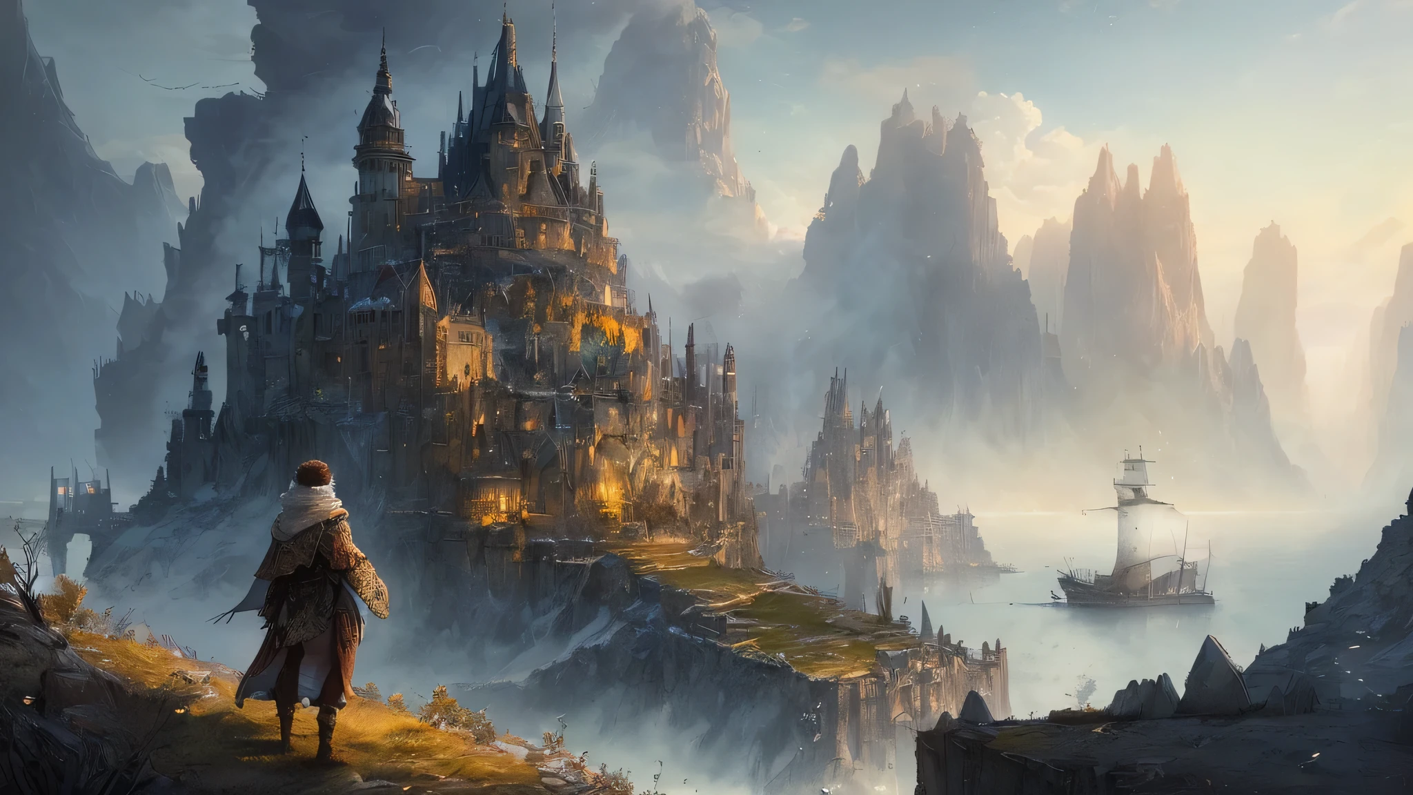 "(by Greg Rutkowski: 1.2), (masterpiece), ((best quality)), extremely delicate and beautiful, illustration, dynamic lighting, (fantasy landscape), A mesmerizing fantasy landscape with enchanting elements blending seamlessly. ((Hero arriving on a ship to a winter land medieval coastal city to begin his adventure)), A sense of tranquility and wonder fills the air, inviting exploration and discovery. Providing a distant view that captures the grandeur and atmosphere. From Brian Froud and Carne Griffiths and Wadim Kashin and John William Waterhouse, 8K post-production, high resolution, ((highly detailed)), depth of field, HDR, intricate"