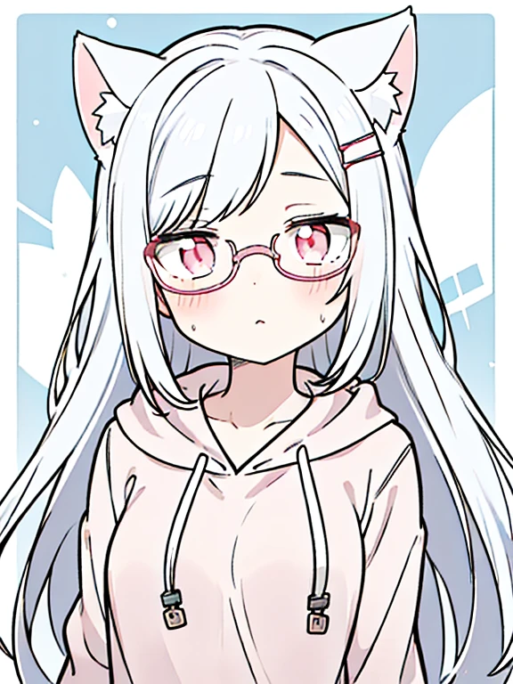 best quality, masterpiece, 1 girl, loli, upper body, female, pink eyes, long hair, small breasts, glasses, hime cut, expressionless, wink , cat ears, white hair, silver hair, streaked hair,hoodie, murder, long bangs