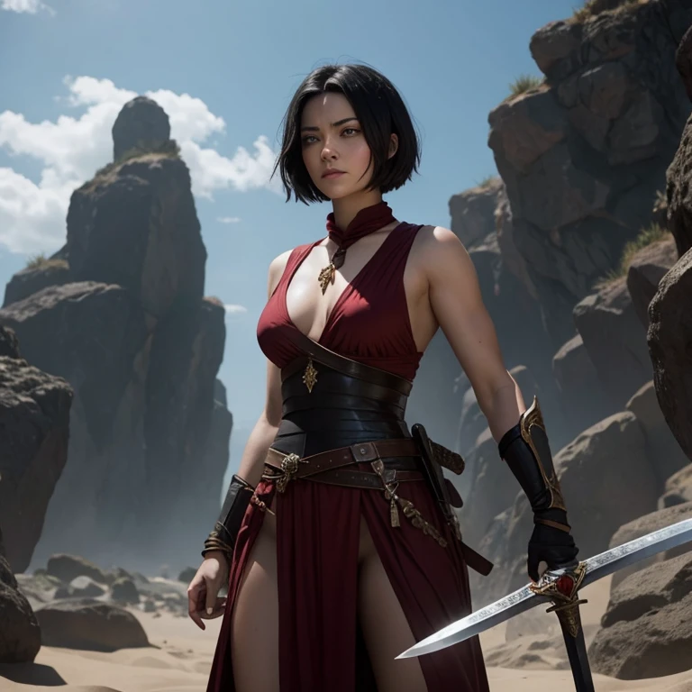 A beautiful woman with short black hair which stopped at her shoulders, her pale red eyes and muscular body beautifully swinge her sword, her feet burning from the sand ,her red eyes , was beautiful, her outfit was a black fit, her sword was in her hand as blood dripped from her nose
