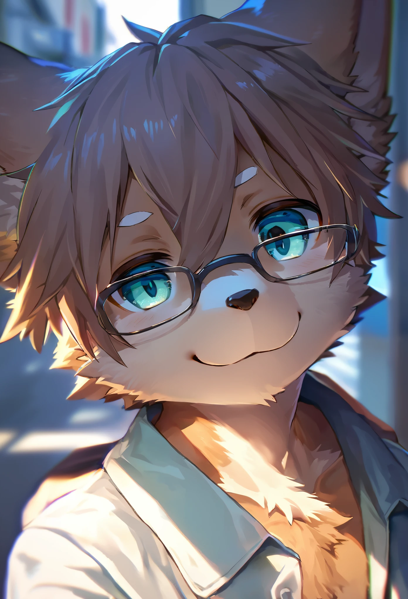 highres, paid reward available, unparalleled masterpiece, street(highly detailed beautiful face and eyes)absurdres, perfect anatomy, good lighting, volumetric lighting, cinematic shadow(angelic handsome 1boy, kemono, solo focus, single, Smiling embarrassedly, glasses)(furry anthro:1.7)(Furry body, dog facial features, dog body features)(very detailed body fur)Handouts((college professor))Dirty lab coat, class, Difficult formulas, white board,