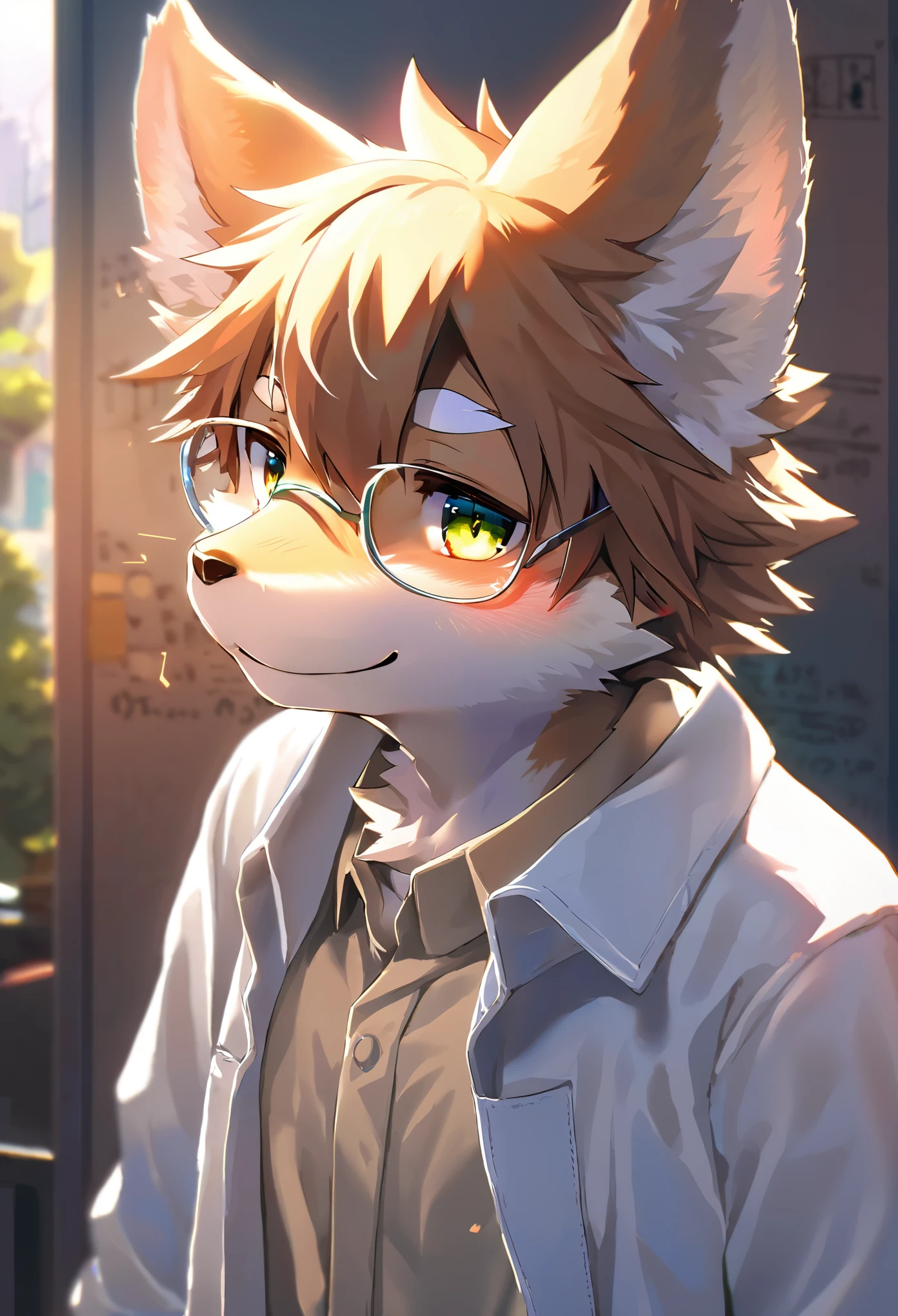 highres, paid reward available, unparalleled masterpiece, street(highly detailed beautiful face and eyes)absurdres, perfect anatomy, good lighting, volumetric lighting, cinematic shadow(angelic handsome 1boy, kemono, solo focus, single, Smiling embarrassedly, glasses)(furry anthro:1.7)(Furry body, dog facial features, dog body features)(very detailed body fur)Handouts((college professor))Dirty lab coat, class, Difficult formulas, white board,