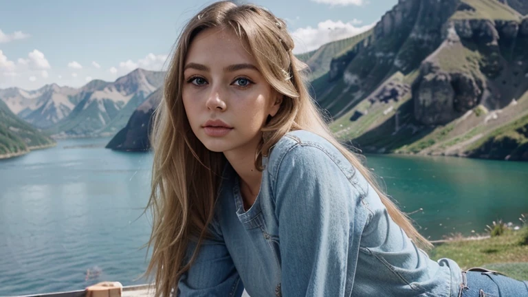 woman with jeans and matched top, Sexy girl with blue eyes, portrait sophie mudd, portrait corinna kopf, blonde hair and large eyes, a young woman, Eyes in the mountain, Violet Myers, without make up, Natural makeup, laying at the lake, Face with Artgram, subtle make-up, Stunning full body shot, in the mountain