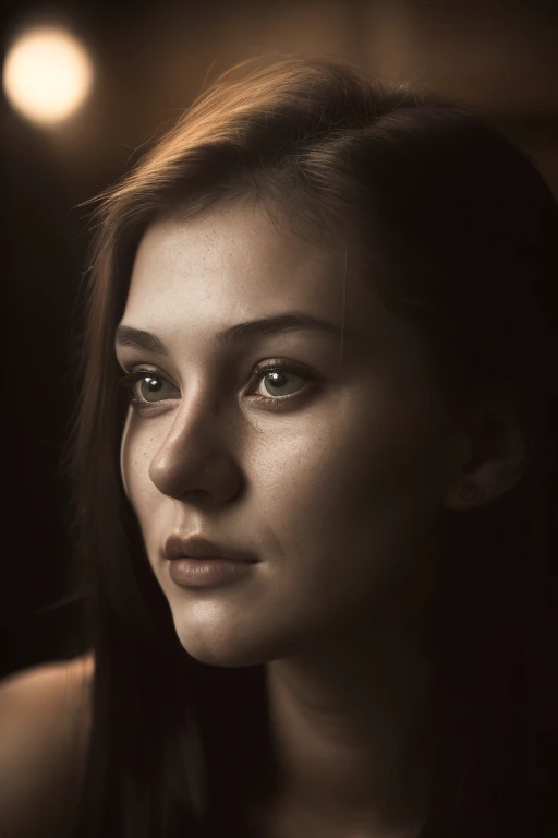 (close up, Edited photo of a 21-year-old woman), (The face is rich in detail:1.4) (Smile:0.7) (Dark inside the background, moody, private study:1.3) View, author：lee jeffries, Nikon D850, Movie stock photos ,4 ending portra 400 ,camera f1.6 shots ,Rich colors ,Surrealism ,Lifelike textures, Dramatic Lighting , film alembic 800,