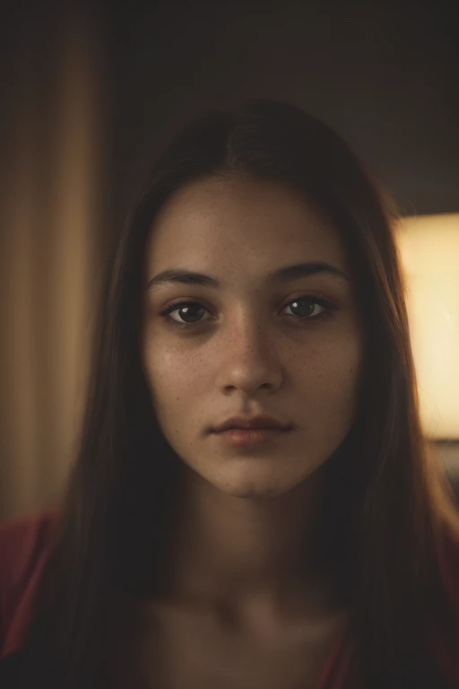 (close up, Edited photo of a 21-year-old woman), (The face is rich in detail:1.4) (Smile:0.7) (Dark inside the background, moody, private study:1.3) View, author:lee jeffries, Nikon D850, Movie stock photos ,4 ending portra 400 ,camera f1.6 shots ,Rich colors ,Surrealism ,Lifelike textures, Dramatic Lighting , film alembic 800,