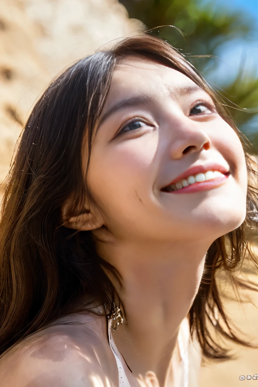 (masterpiece:1.5), (highest quality:1.5), (Super detailed:1.5), (Beautiful face and eyes in every detail:1.5), Beach Background, (Learning to Move Forward:1.4), (look up:1.4), From above, One girl, smile, brown long hair, Short hairstyle、Anyway, it looks like they're having sex.、A female leopard with her eyes looking up、Take off your bikini、Completely naked、by 2 person