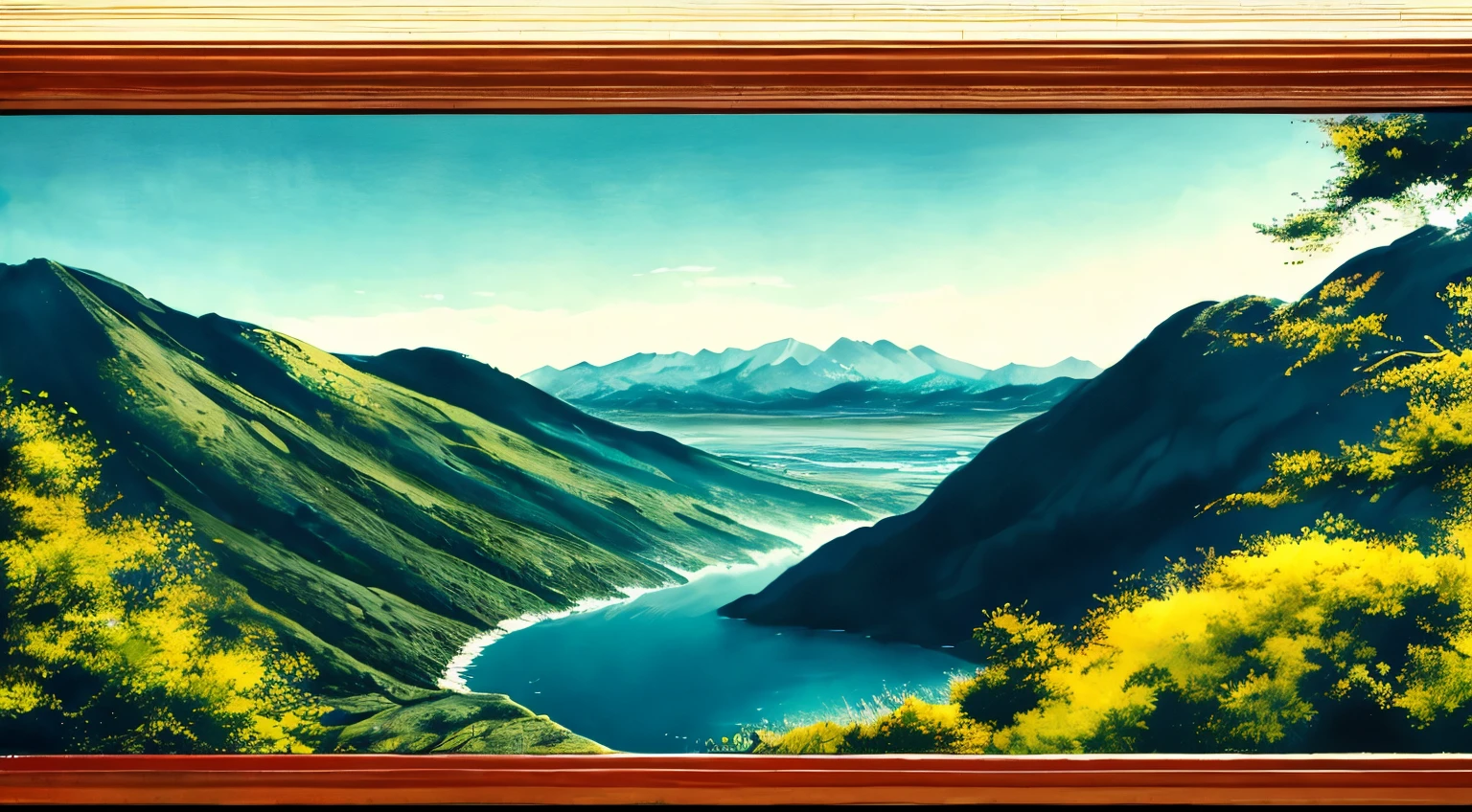 Fondo blanco, paisaje, pintar, mountains, agua, trees, orange and green aguacolor style