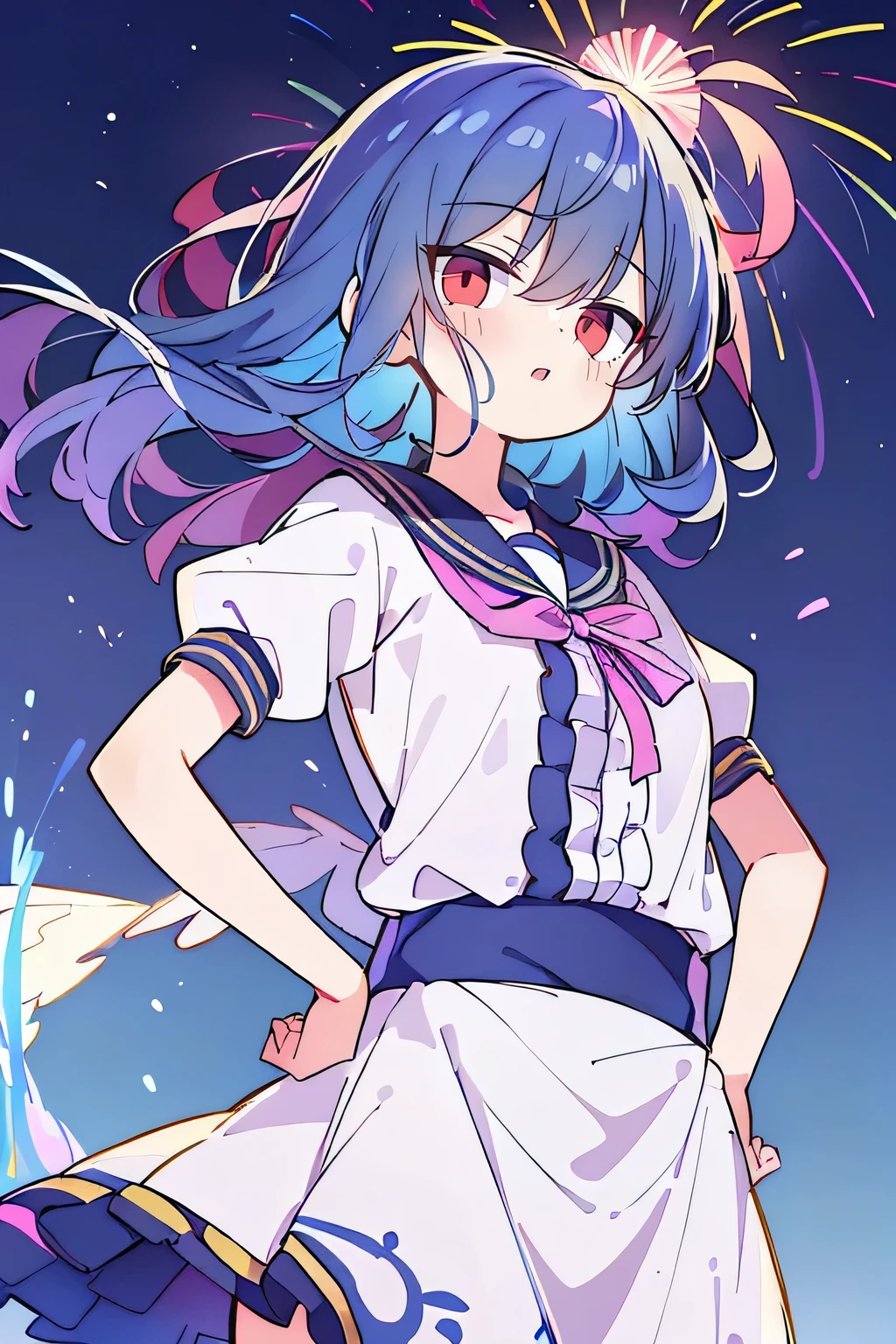 (best quality, masterpiece:1.2, expressive eyes, perfect face, 1 girl, hands on waist, beautiful, gorgeous, Japanese anime, girl, Lola, Hinamori Angel, blue hair, floating clothes, grabbing waist, grabbing waist, hands on hips, hands on hips, flat-chested, night, fireworks)