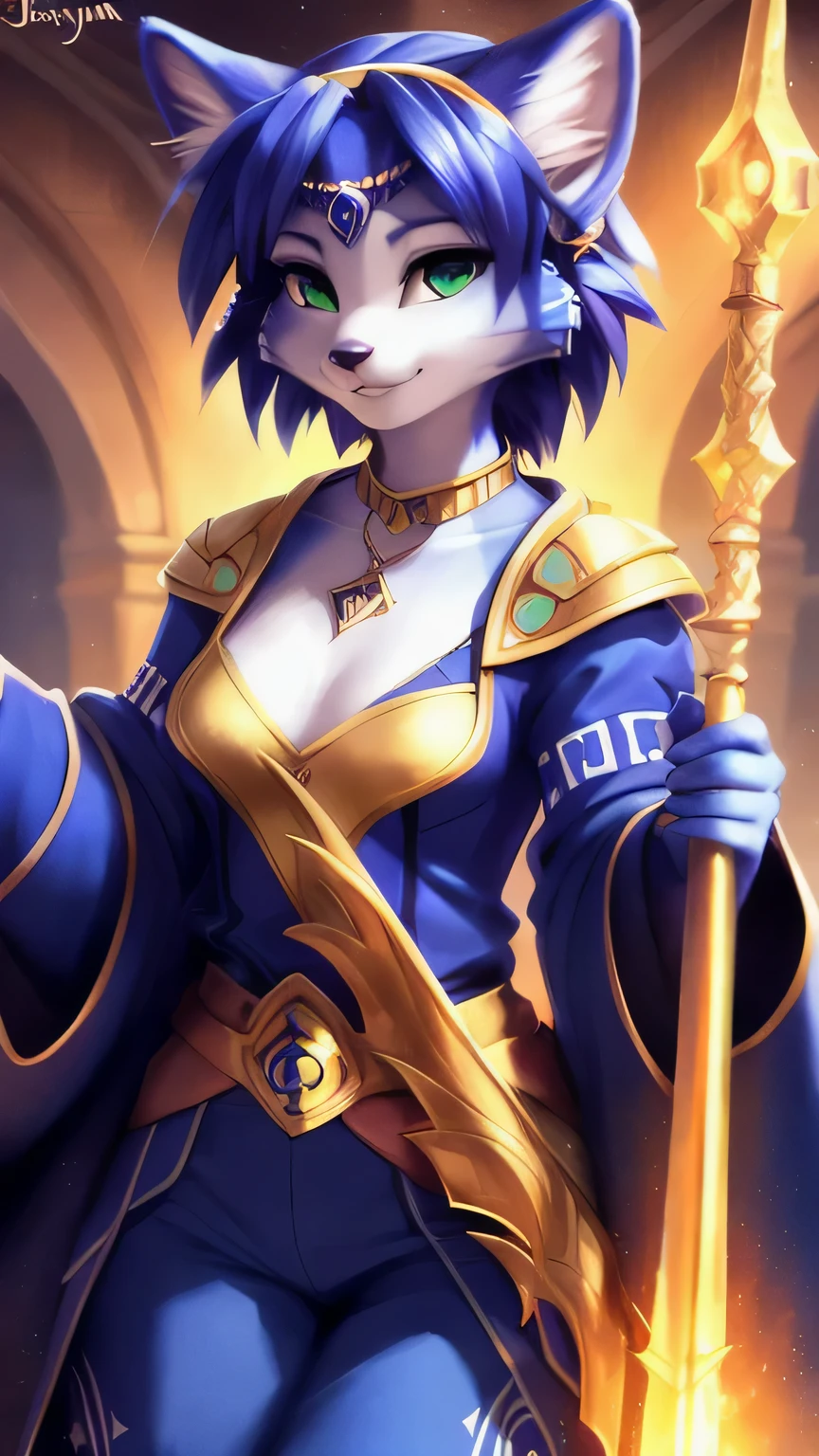 A beautiful and detailed (sweet picture) von ((Krystal)), Sternenfuchs Krystal, Schlank, liebenswert, green eyes, small ???????, lange haare,fantasie robe, Dekollete, Grinsen, hoch schauen,, Anthro, Pelzig, Hochgeladen E621, detailed flauschige fur, (von Fluff-Kevlar, Bayard Wu, personalami, Pino Daeni), detailliertes Gesicht, (flauschige), 1Girl, Allein, (posing with a golden staff in her hands:1.3),light armor