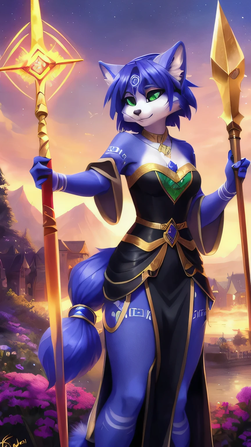 A beautiful and detailed (sweet picture) von ((Krystal)), Sternenfuchs Krystal, Schlank, liebenswert, green eyes, small breasts, lange haare,fantasie robe, Dekollete, Grinsen, hoch schauen,, Anthro, Pelzig, Hochgeladen E621, detailed flauschige fur, (von Fluff-Kevlar, Bayard Wu, personalami, Pino Daeni), detailliertes Gesicht, (flauschige), 1Girl, Allein, (posing with a golden staff in her hands:1.3),light armor