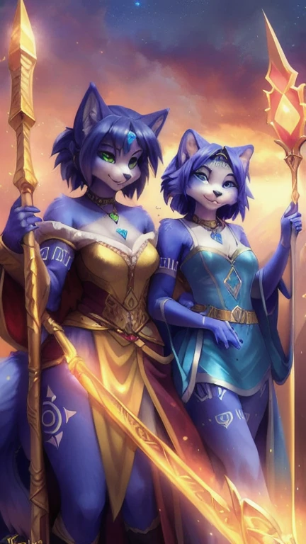 A beautiful and detailed (sweet picture) von ((Krystal)), Sternenfuchs Krystal, Schlank, liebenswert, green eyes, small breasts, lange haare,fantasie robe, Dekollete, Grinsen, hoch schauen,, Anthro, Pelzig, Hochgeladen E621, detailed flauschige fur, (von Fluff-Kevlar, Bayard Wu, personalami, Pino Daeni), detailliertes Gesicht, (flauschige), 1Girl, Allein, (posing with a golden staff in her hands:1.3),light armor