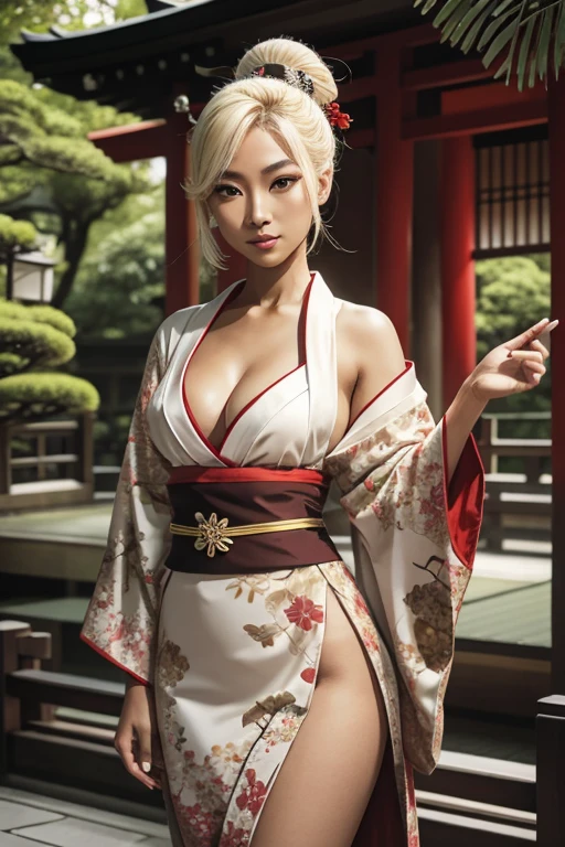 (Japan garden background), (smirk), 1girl, geisha, dark skin asian, tan skin asian, brown skin asian, brown skin, dark skin, tan skin, bleach blonde hair, pale yellow hair, geisha hairstyle, green eyes, hourglass figure, skinny body, petite_body, short height, small breasts, cleavage, traditional red kimono, exposed cleavage, black heels,