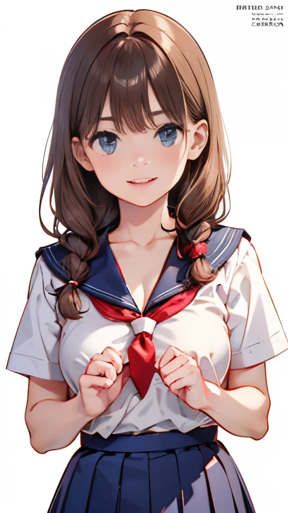 (highest quality, 8K, 32k, masterpiece, nffsw:1.2), (RAW photo), (realistic), (Photoreal:1.2), (High resolution), Super detailedな, very beautiful face and eyes, 1 girl, round and small face, big breasts thin waist、(((small breasts)))、(((white wall background)))、slim proportions, (school uniform, sailor suit、白いsailor suit, dark blue pleated skirt:1.23), (bust shot)、(((redhead)))、((short sleeve sailor suit))、(Close-up、highest quality、high detail、Rich skin details、nffsw)、(highest quality, 8K, table top:1.2), Super detailed, (realistic, realistic:1.37), (((full body shot)))、Bright colors, (((Hold your hands)))、(((sexy atmosphere)))、(((20 year old woman)))、((Bust isDcup))、(((light brown hair)))、(((white background)))、(((cleavage)))、(((girly hairstyle)))、(((long hair)))、(((in front of a white wall)))、(((light brown hair)))、(((I put my hand on my cheek)))、(((he has an evil smile on his face)))、(((The girth of the chest is 85 cm)))、(((small breasts mischievous expression)))