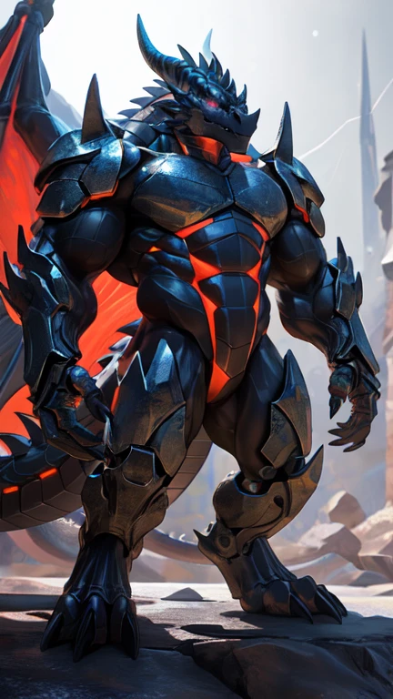 An advanced bionic mech, cybrog, anthro, dragon, male, full body, Muscle, Delicate face, Delicate eyes, 1 tail, (glowing LED), energy, digitigrade, outdoors, extremely detailed CG unity 8k wallpaper, realistic, masterpiece, highest quality, lens flare, unreal engine, trending on ArtStation, Intricate, High Detail, dramatic, realism, beautiful and detailed lighting, shadows, black and dark scales, rubber goo body, wings, evil looking, crimson glowing eyes, black armor, futuristic armor, heavy armor, muscular armor, barbaric, dominant, snout-cover armored mask, muscular wings, bodybuilder-like physique, muscule-shaped armor, evil lord