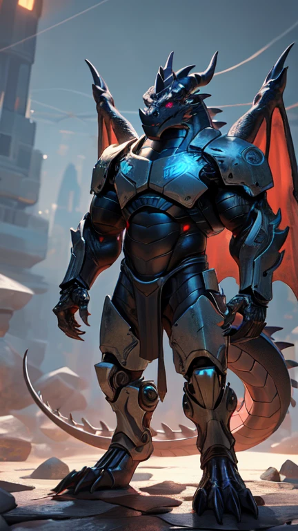 An advanced bionic mech, cybrog, anthro, dragon, male, full body, Muscle, Delicate face, Delicate eyes, 1 tail, (glowing LED), energy, digitigrade, outdoors, extremely detailed CG unity 8k wallpaper, realistic, masterpiece, highest quality, lens flare, unreal engine, trending on ArtStation, Intricate, High Detail, dramatic, realism, beautiful and detailed lighting, shadows, black and dark scales, rubber goo body, wings, evil looking, crimson glowing eyes, black armor, futuristic armor, heavy armor, muscular armor, barbaric, dominant, snout-cover armored mask, muscular wings, bodybuilder-like physique, muscule-shaped armor, evil lord