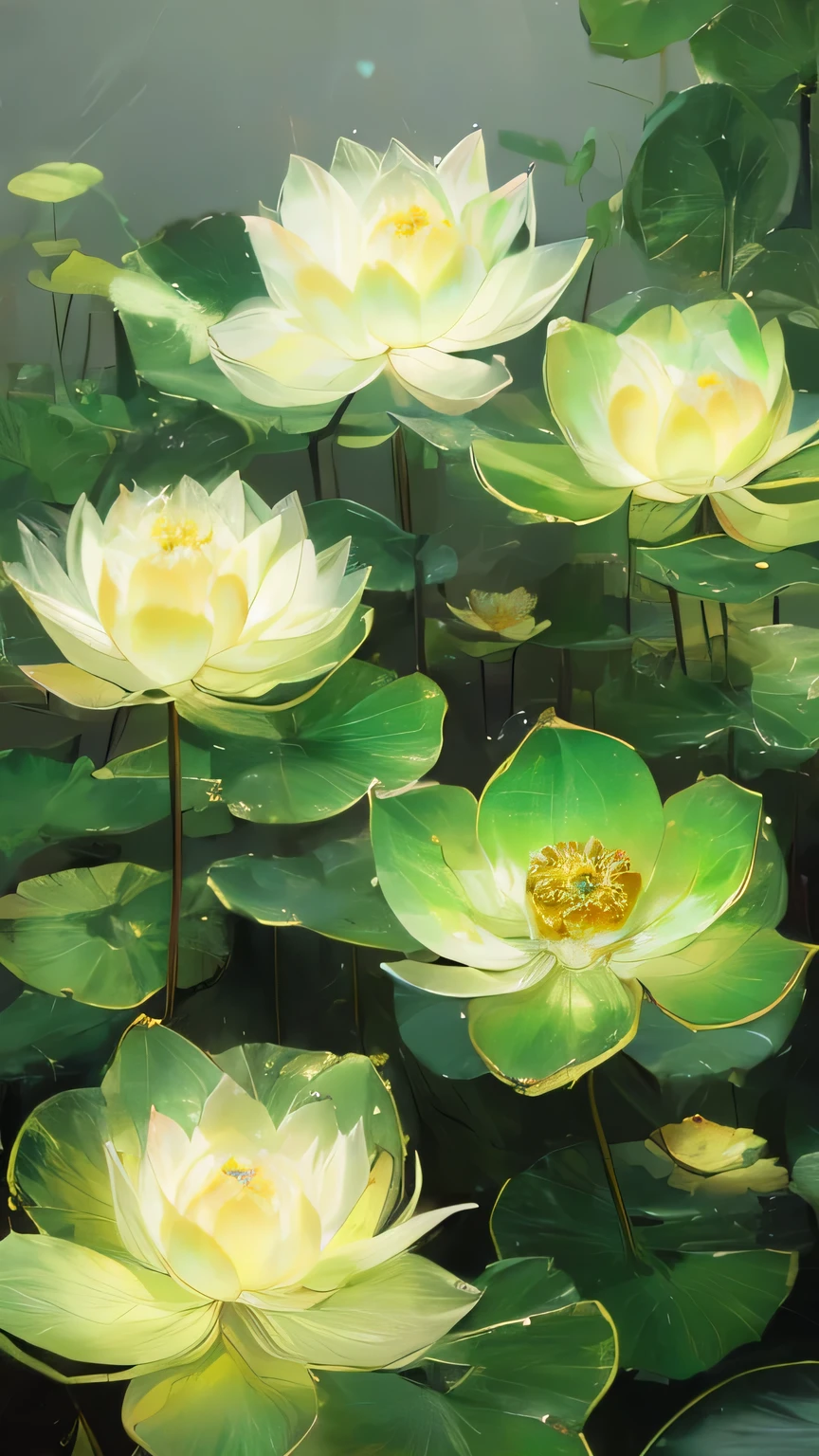 ((only one lotus leaf)),Golden,green,vein,Glass texture、Light,Light, Gradient translucent glass melt, Caustic lines, clean