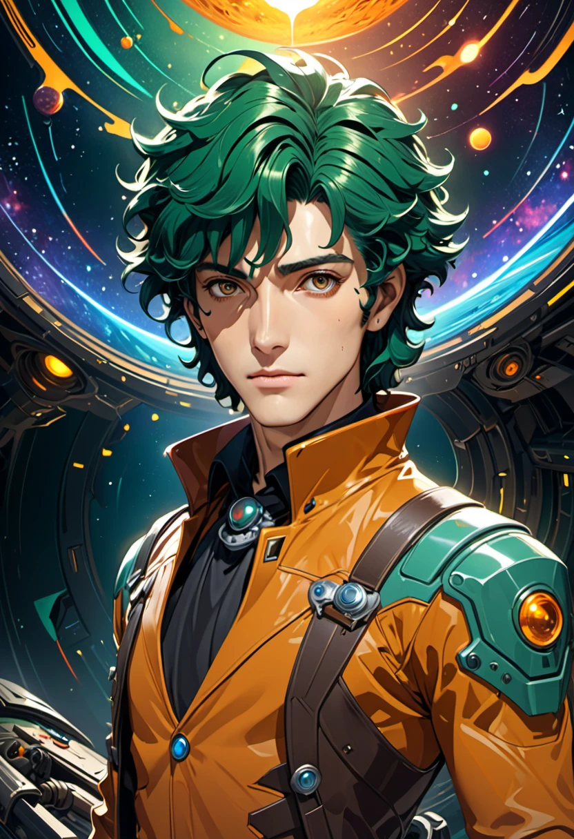 Vector style Spike Spiegel unique set 《Intergalactic cowboy》Combination of science fiction and western elements，Create a unique cosmic background，Intricate details, Unreal Engine, fantasy, Intricate details 融合了未来科技和西部牛仔的风格，Gives a sense of novelty and adventure。 Highly detailed unique character bounty hunter Spike Spiegel (close up)tall and slim，Handsome with dark green hair and brown eyes masterpiece movie stills, Digital oil painting paint dripping art station concept art high-definition high-quality art work