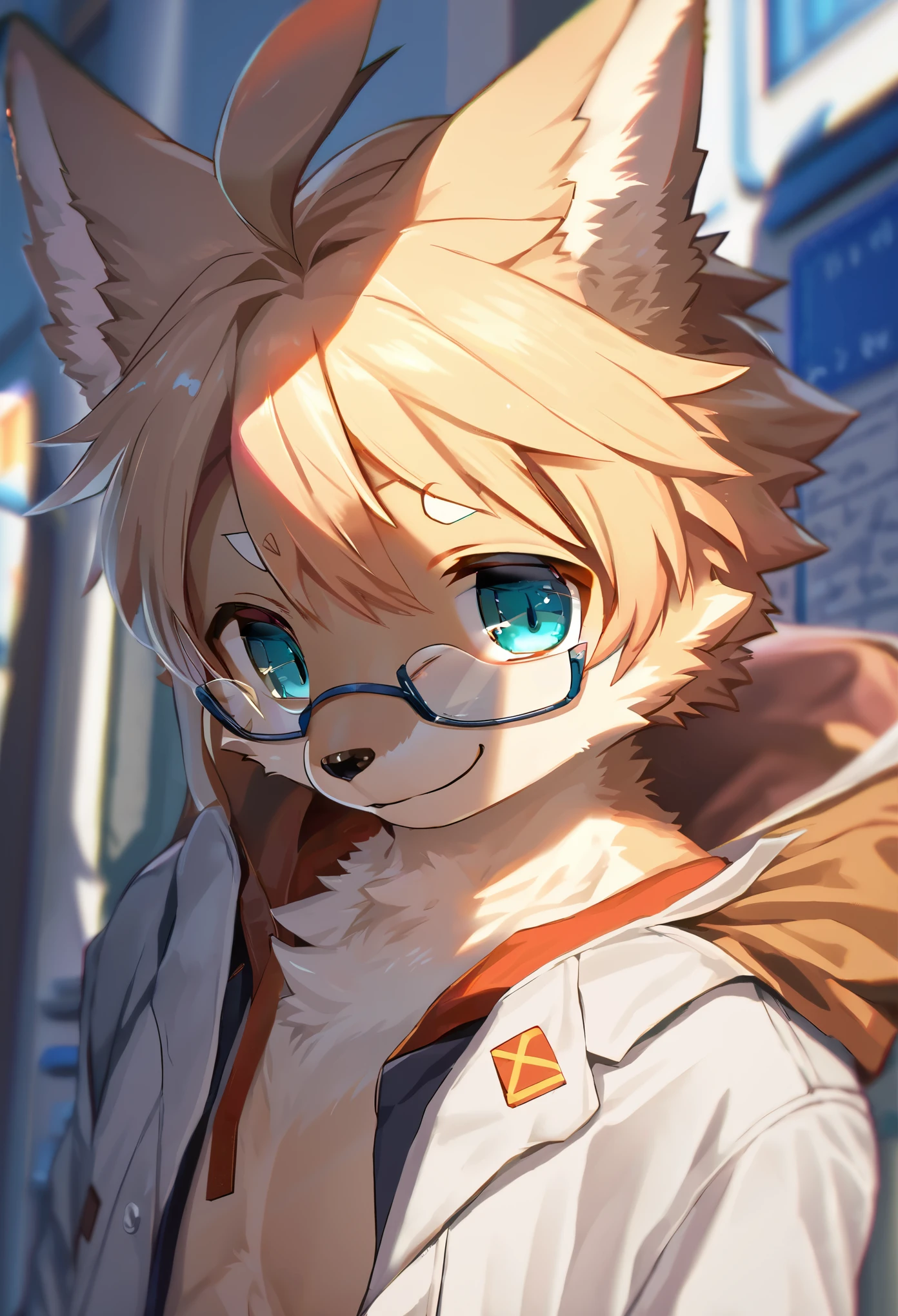highres, paid reward available, unparalleled masterpiece, street(highly detailed beautiful face and eyes)absurdres, perfect anatomy, good lighting, volumetric lighting, cinematic shadow(angelic handsome 1boy, kemono, solo focus, single, Smiling embarrassedly, glasses)(furry anthro:1.7)(Furry body, dog facial features, dog body features)(very detailed body fur)Handouts((college professor))Dirty lab coat, class, Difficult formulas, white board,