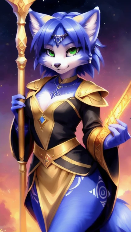A beautiful and detailed (sweet picture) von ((Krystal)), Sternenfuchs Krystal, Schlank, liebenswert, green eyes, small breasts, lange haare,fantasie robe, Dekollete, Grinsen, hoch schauen,, Anthro, Pelzig, Hochgeladen E621, detailed flauschige fur, (von Fluff-Kevlar, Bayard Wu, personalami, Pino Daeni), detailliertes Gesicht, (flauschige), 1Girl, Allein, (posing with a golden staff in her hands:1.3),light armor