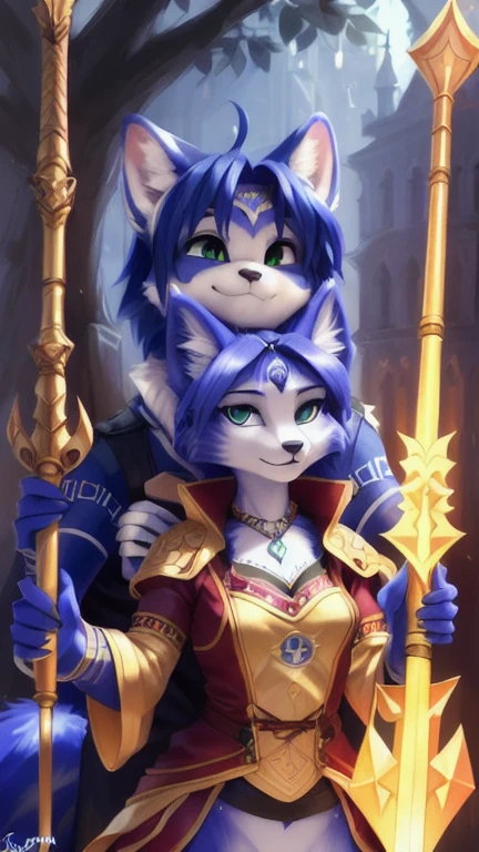 A beautiful and detailed (sweet picture) von ((Krystal)), Sternenfuchs Krystal, Schlank, liebenswert, green eyes, small breasts, lange haare,fantasie robe, Dekollete, Grinsen, hoch schauen,, Anthro, Pelzig, Hochgeladen E621, detailed flauschige fur, (von Fluff-Kevlar, Bayard Wu, personalami, Pino Daeni), detailliertes Gesicht, (flauschige), 1Girl, Allein, (posing with a golden staff in her hands:1.3),light armor