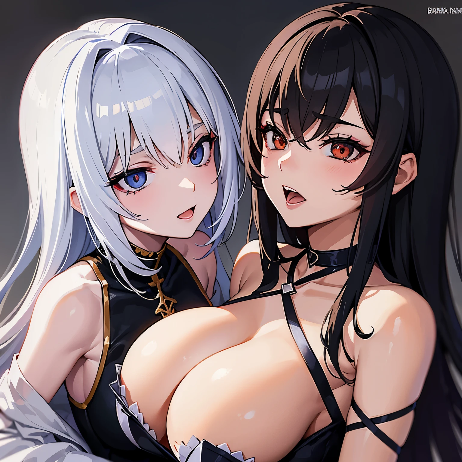 Escena yuri, where 2 women are naked in a bed, una de ellas es una gotica culona y con las tetas grandes, la otra tiene el pelo moreno, She is slim and is performing oral sex on the gothic girl, ahegao expression