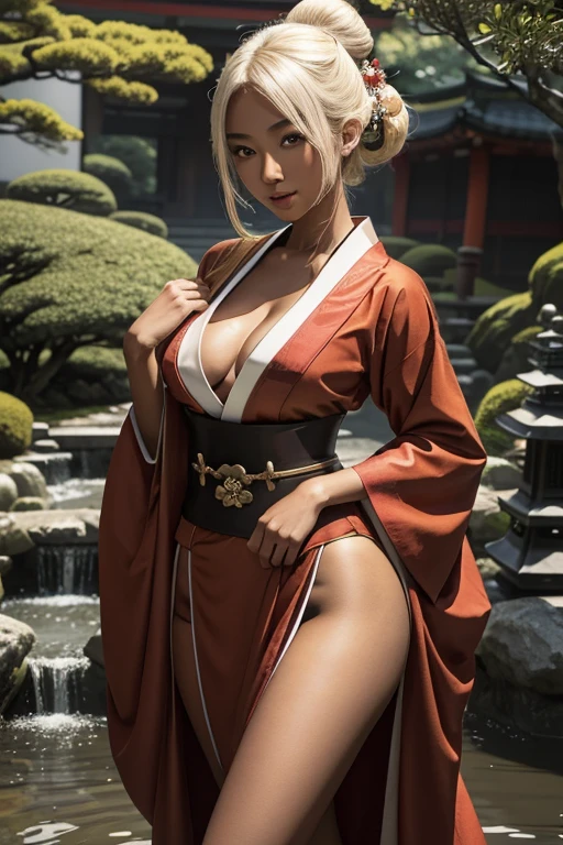 (Japan garden background), (smirk), 1girl, geisha, dark skin asian, tan skin asian, brown skin asian, brown skin, dark skin, tan skin, bleach blonde hair, pale yellow hair, geisha hairstyle, green eyes, hourglass figure, skinny body, petite_body, short height, small breasts, cleavage, traditional red kimono, exposed cleavage, black heels,