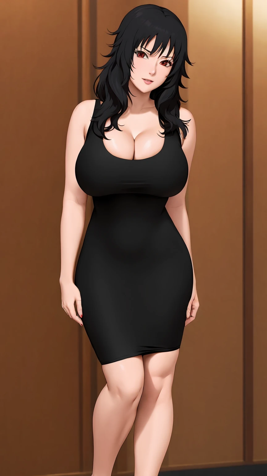 masterpiece, best quality, extremely detail 8k cg, high resolution, 1girl, kurenai yuhi, black hair, red eyes, slim body, huge breasts, bursting breasts, black tee shirt dress, sleeveless, cleavage, seductive face, indoors, bedroom, beautiful face, full shot photo, full body