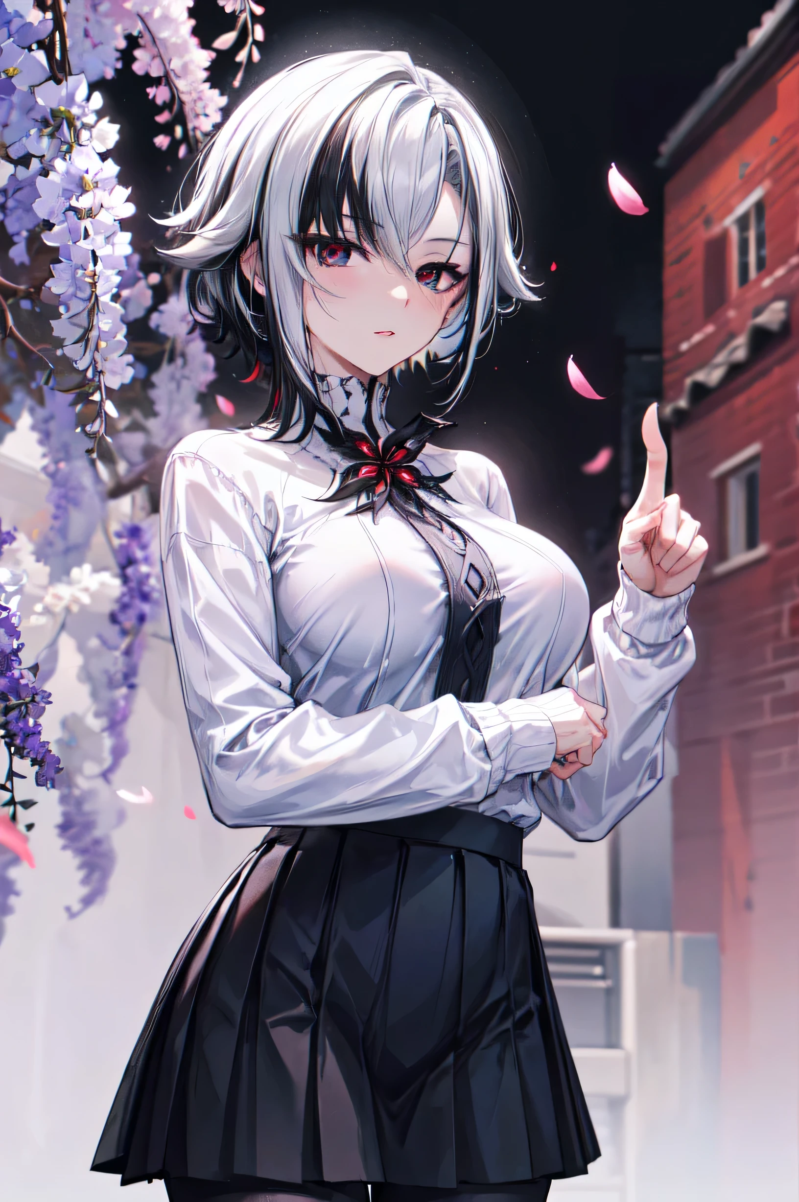 masterpiece, Best quality,girl, One, White hair, black hair, multicolored hair, X-shaped pupils, black eyes, One, Cherry blossoms, by the Khans, pink flower, white flower, spring season, wisteria, petals, flower, plum blossom, on open air, falling petals, (big breasts),thick thighs, ,Smaller clothes,((White sweater,black leggings, black pleated skirt with red accent)),commercial photography,at night, world, High detail, sharp focus, (photorealism), realistic, Best quality, 8K, Award Winning, Dramatic lighting, Epic, cinematic, masterpiece, rim light, ambient fog:1.3, Dutch corner, depth of field,8K uhd, high quality, Blur, blur depth, cinematic, 4K cinematic image, (Unlit face:1.4), (Unlit:1.3), (upper body shot:1.1), (Very dark:1.1, underexposed:1.1),(hand, pointing to lips:1.5),commercial,at night, world, High detail, sharp focus, (photorealism), realistic, Best quality, 8K, Award Winning, Dramatic lighting, Epic, cinematic, masterpiece, rim light, ambient fog:1.3, Dutch corner, depth of field,8K uhd, high quality, Blur, blur depth, cinematic, 4K cinematic image,(Moving away from the viewer), I look at the viewer,