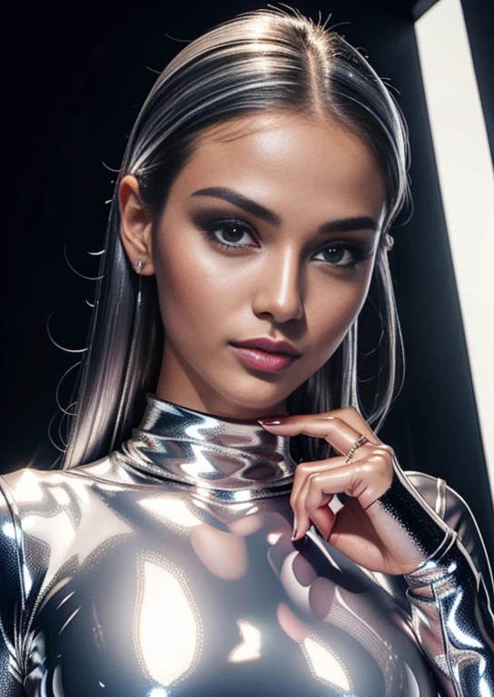 Beautiful woman in ultra shiny silver clothes, full body view, abs, legs, belly button, crop top, Schminke, (glossy lips: 1.4), he-res, 8K