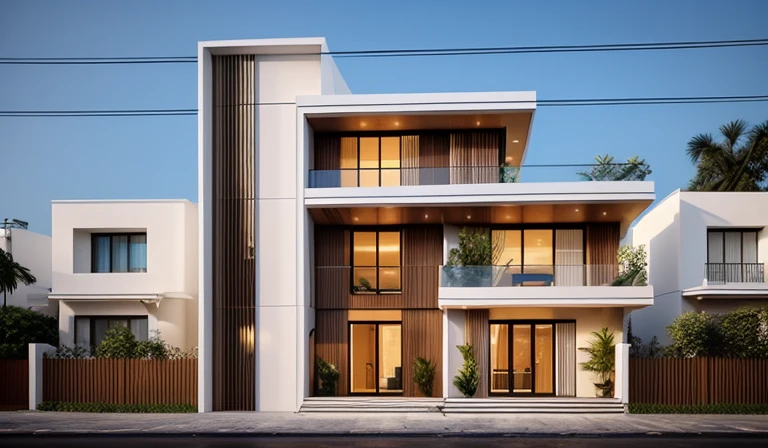 Perspective of a modern house with a large enough front yard, main materials are light yellow walls, stone and wood, a road running in front of the house, (RAW photo, real, best quality, masterpiece: 1.2), current view modern minimalist, 1 street in front of house, shime ring light, indoor brightness:1.2, dynamic lighting:1.3, (hyper-realistic, photo-realistic:1.2), high quality, daylight, contrast high:0.5 perfect light, Archdaily, contemporary masterpiece award, award winning contemporary, beautifully designed masterpiece, spacious modern mansion, modern neo-traditional, wide angle exterior 2022 , mid-century modern, contemporary home, stylish modern feel, long front view, award-winning modern design, stunning lines, residential, exquisite details, indoors gently:1.3