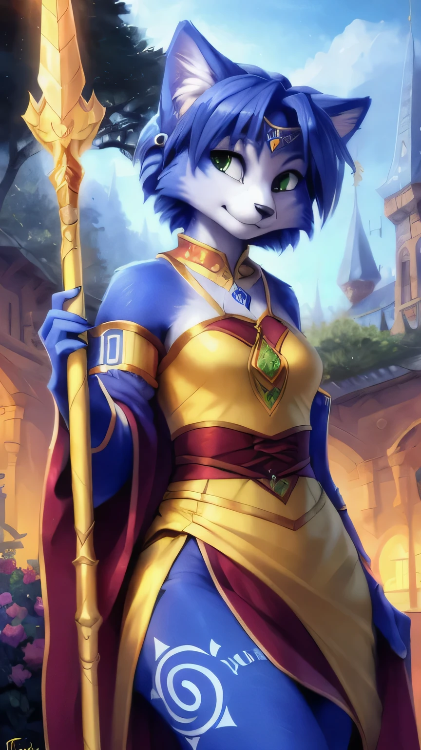 A beautiful and detailed (sweet picture) von ((Krystal)), Sternenfuchs Krystal, Schlank, liebenswert, green eyes, small breasts, lange haare,fantasie robe, Dekollete, Grinsen, hoch schauen,, Anthro, Pelzig, Hochgeladen E621, detailed flauschige fur, (von Fluff-Kevlar, Bayard Wu, personalami, Pino Daeni), detailliertes Gesicht, (flauschige), 1Girl, Allein, (posing with a golden staff in her hands:1.3),light armor
