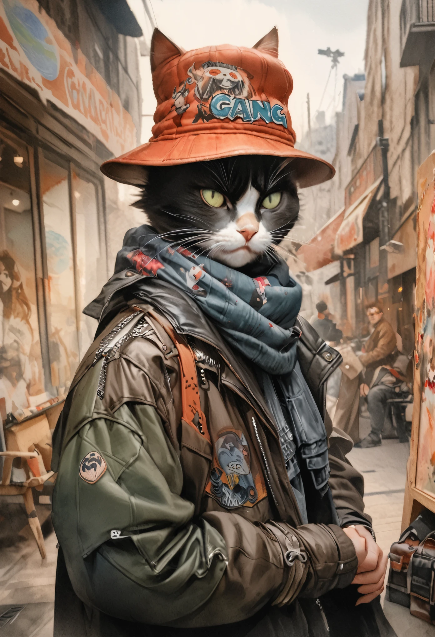 watercolor, soft color, Vintage images, highres, unparalleled masterpiece, absurdres, a painting of a cat wearing a hat and scarf, trending in the art station, dressed in punk clothes, detailed hyper realistic rendering, british gang member, street style, intimidating pose, planet of the cats, clothes with fashion, urban samurai, meow, west slavic features,